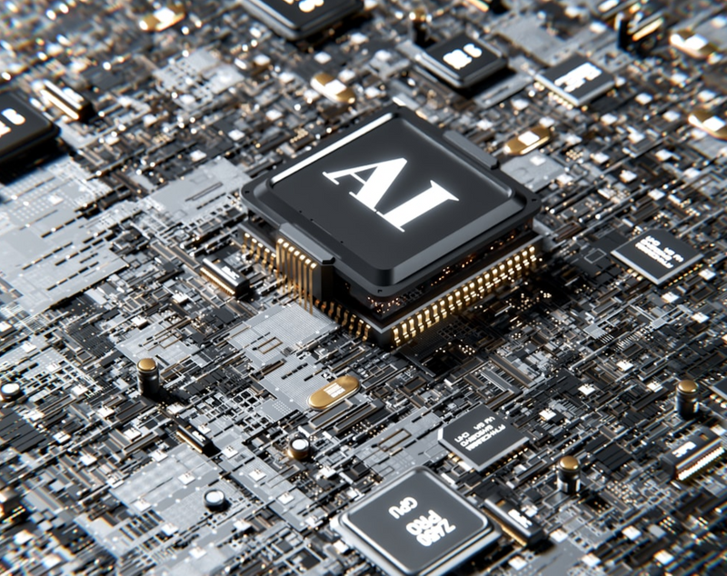 A circuit board. One large computer chip is labelled 'AI'.