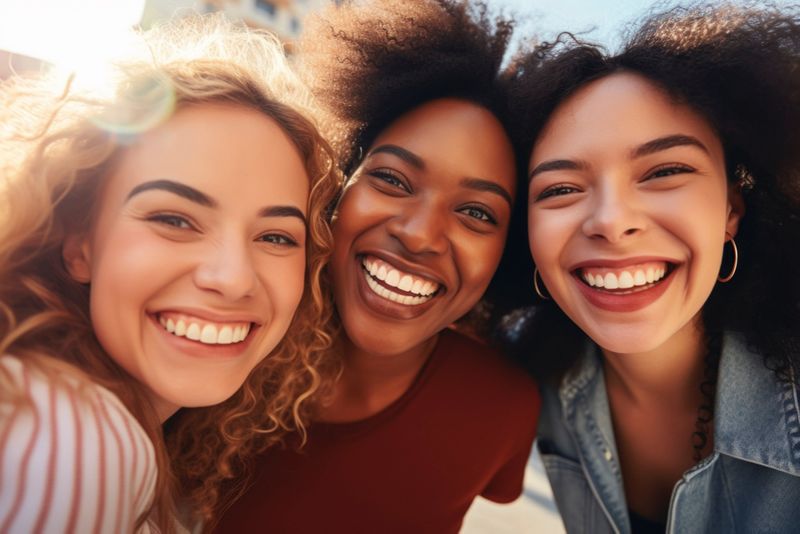 A diverse group of three women posing together.