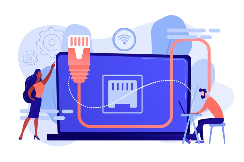 Illustration of laptop, lan connection, and two people.