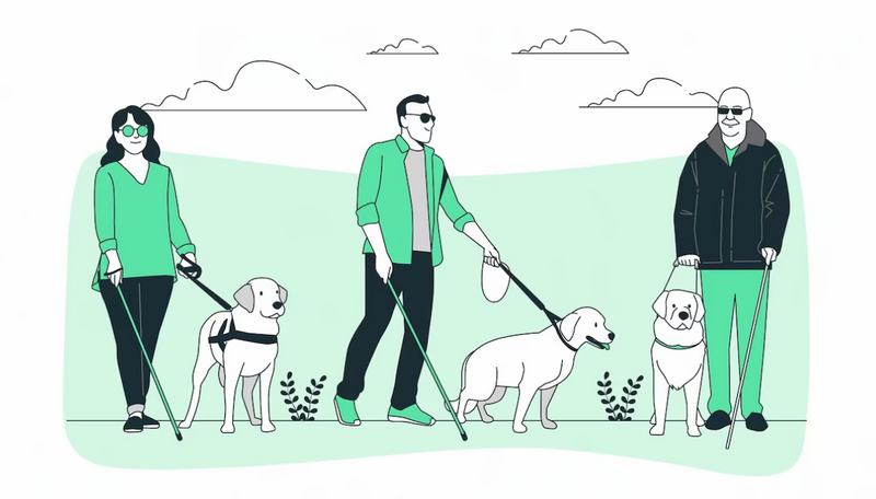 3 people of varying age and gender presentation are happily nature-walking together with their service animals and canes.