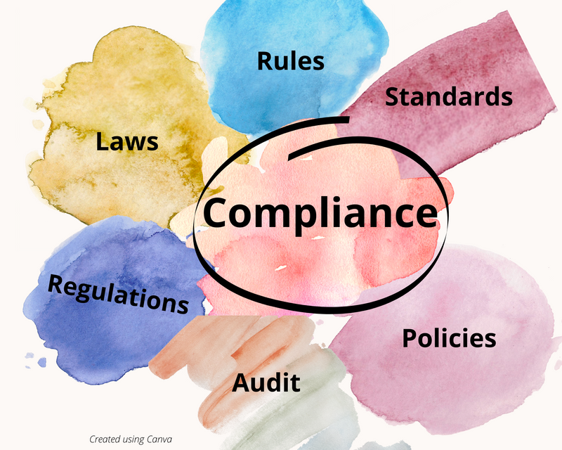 A graphic of a compliance officer's duties: laws, rules, regulations, standards, policies, audit