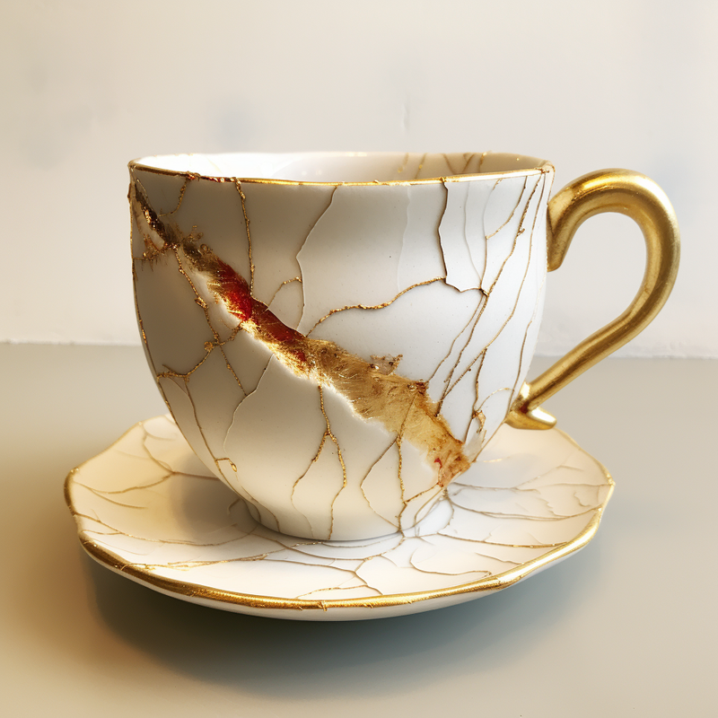A teacup and saucer with a deep gold scar from top left to bottom right, gold threads throughout.
