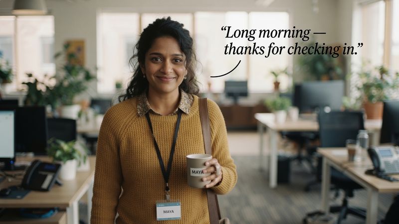 Maya smiles in an office while holding a mug. She says, “Long morning — thanks for checking in.”