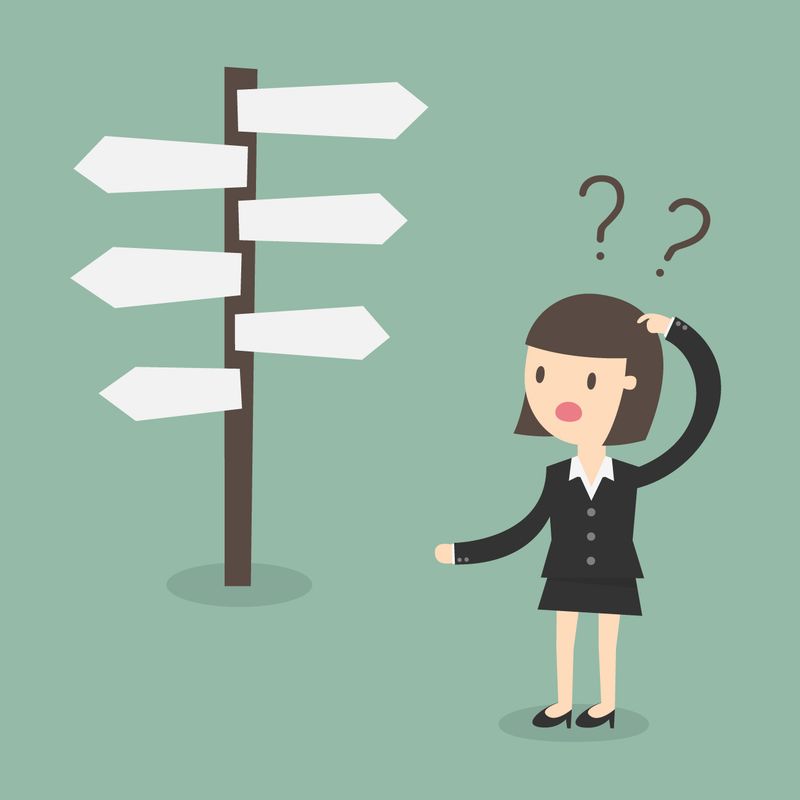A confused woman thinking about which direction to take.