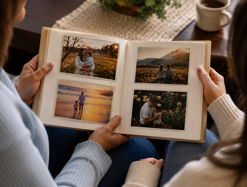 Two people looking through a family photo album together.
