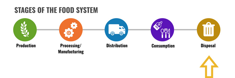 Five stages of the food system. Arrow is pointing to disposal.