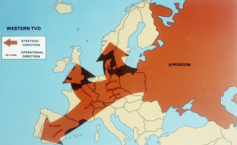 A historic map showing the Soviet Union's plans for strategic and operational direction in Europe.