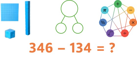 A graphic depicting the subtraction of 134 from 346 using various methods.