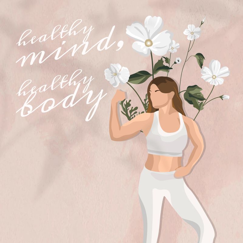 A woman flexing her right arm with flowers and text in the background that says, "healthy mind, healthy body".
