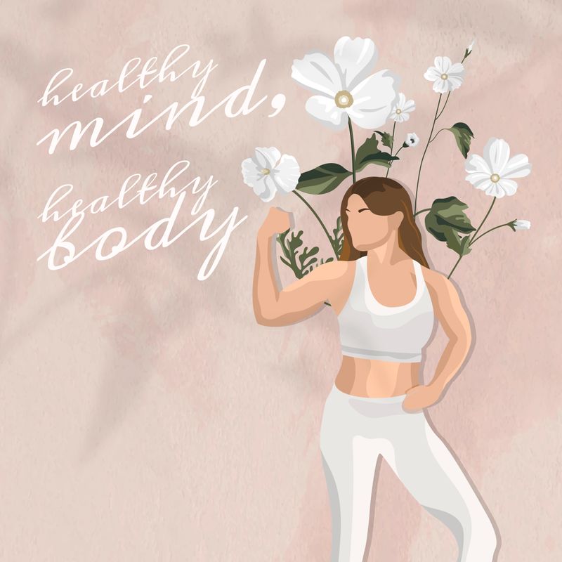 A woman flexing her right arm with flowers and text in the background that says, &apos;healthy mind, healthy body&apos;.