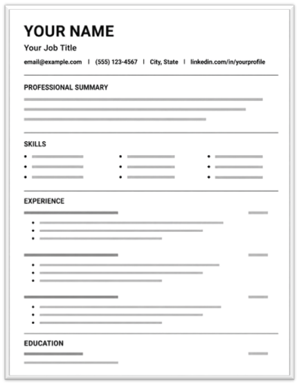 Simple resume wireframe with a single-column layout, standard headings, and clear section dividers.