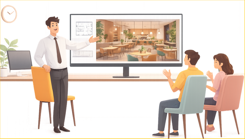 An architect showing visuals of a cafe design to clients instead of just explaining it to them verbally.