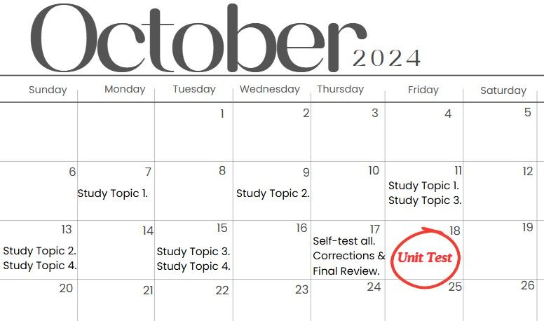 A calendar showing suggested study plan for a unit test (audio description below).