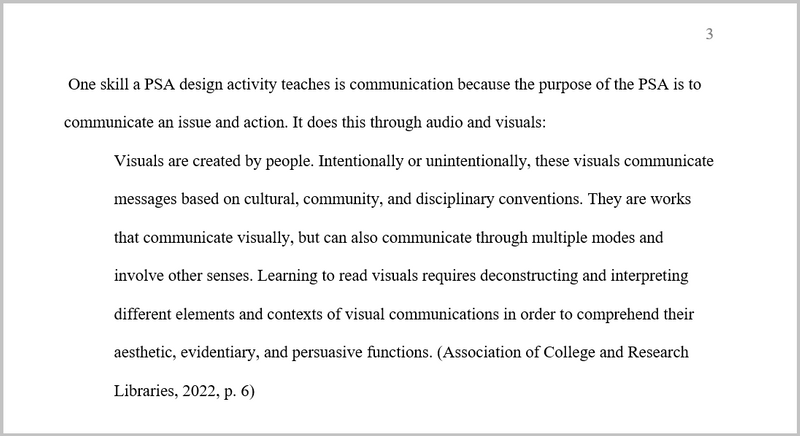 Block quote formatted in APA 7 style for a sample paper on visual communication (audio description below).