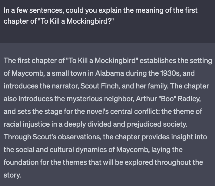 Image: ChatGPT's explanation of the first chapter of 'To Kill a Mockingbird'