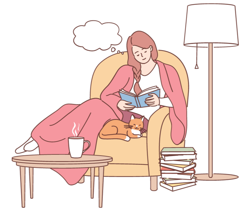 A graphic illustration of a woman ready on a cozy chair with a cat. Next to the chair is a standing lamp and a pile of books.