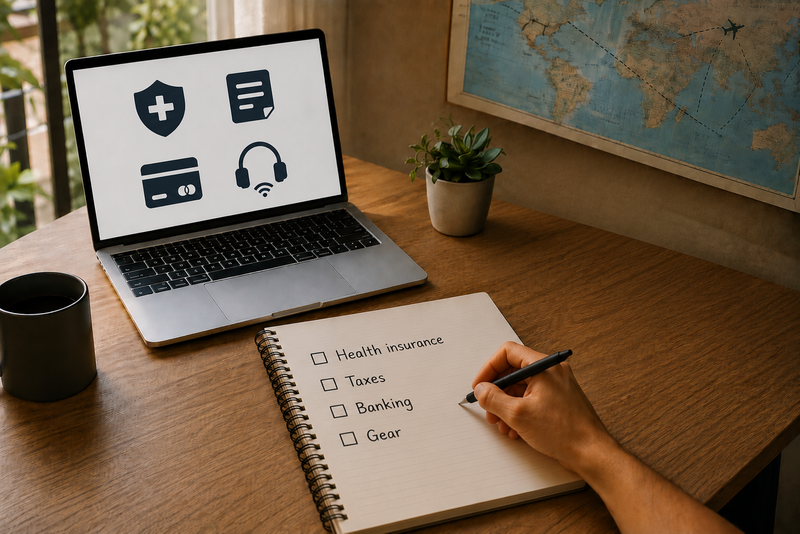 Person writing a checklist in a notebook. Their laptop is open on the desk. 