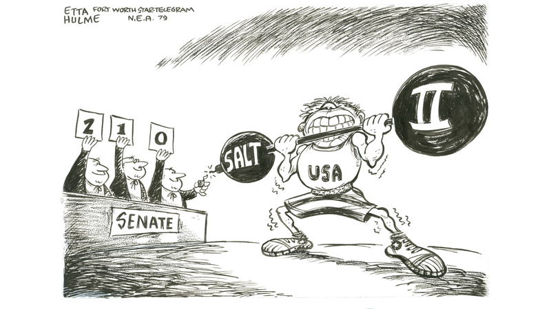 A political cartoon depicting the USA as a weightlifter holding the weight of the SALT II treaty, while the Senate judges.