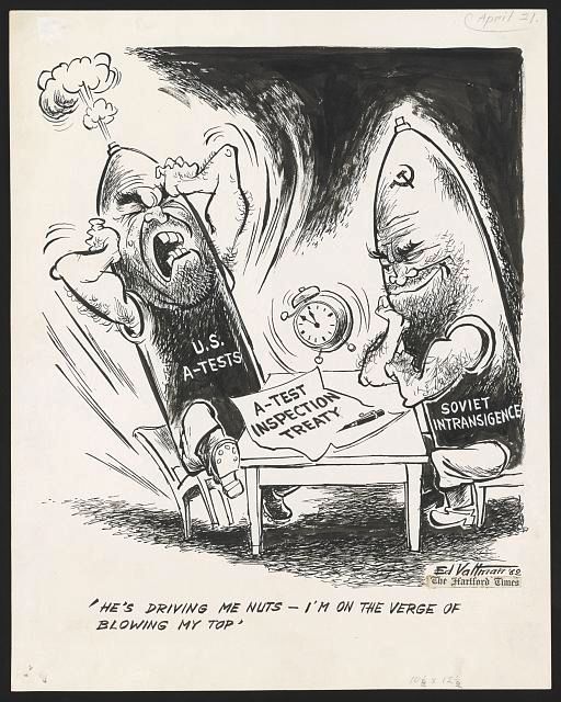 A political cartoon depicting the challenges of nuclear treaties between the US and the Soviet Union.