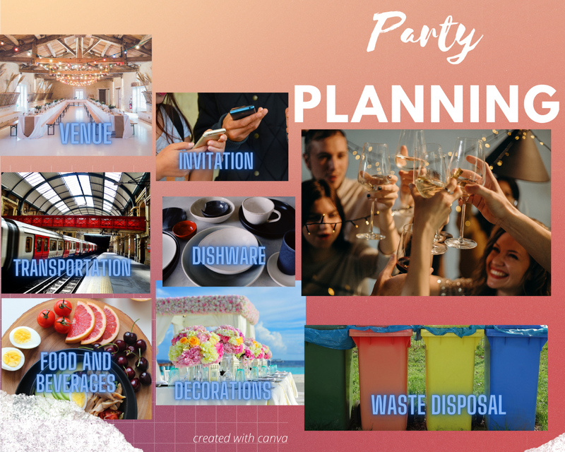 Party planning: venue, invitation, dishware, transportation, decorations, food & beverages, waste disposal