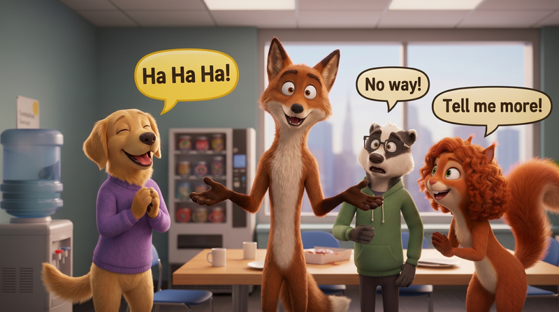 Four animal characters animatedly talking in an office break room.