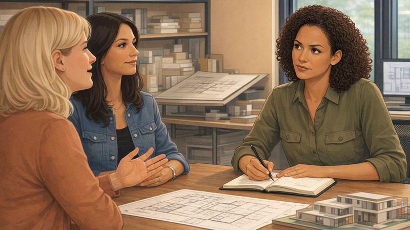 An architect listening attentively to clients and taking notes during a design discussion.