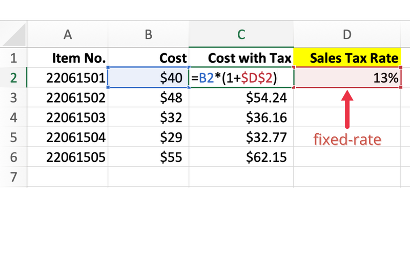 Row 2 Column B: Cost = $40; Column C: Cost with tax =B2 (1+$D$2); Column D: Sales Tax Rate = 13% (fixed rate)