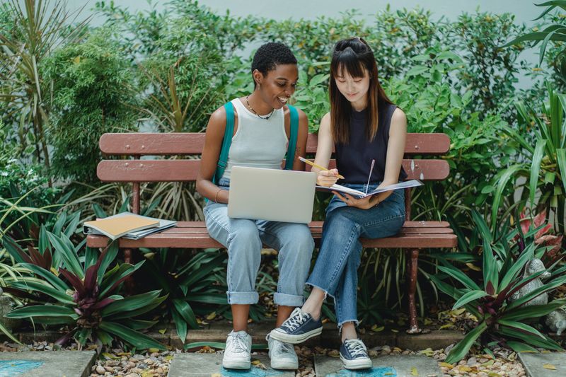 Two people of different racial background sitting together looking at a laptop and a notebook together