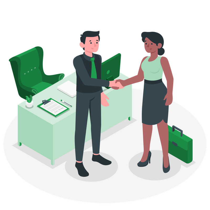 Two persons shake hands in a business setting