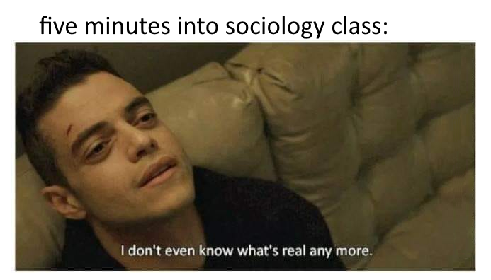 Five minutes into sociology class meme of young man looking up dazed thinking &apos;I don't even know what's real anymore.&apos;