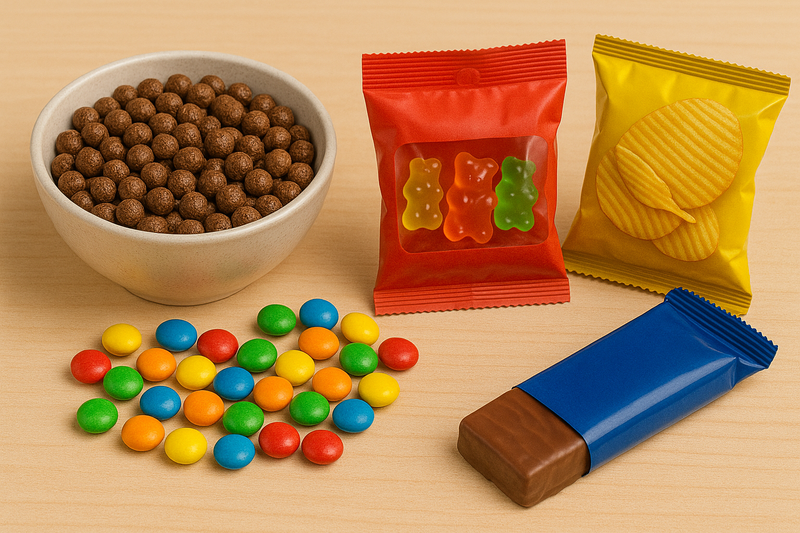 Colorful cereals, candy, and snacks.