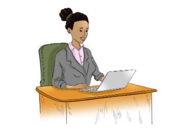 Illustration of a woman at her desk, looking at a laptop