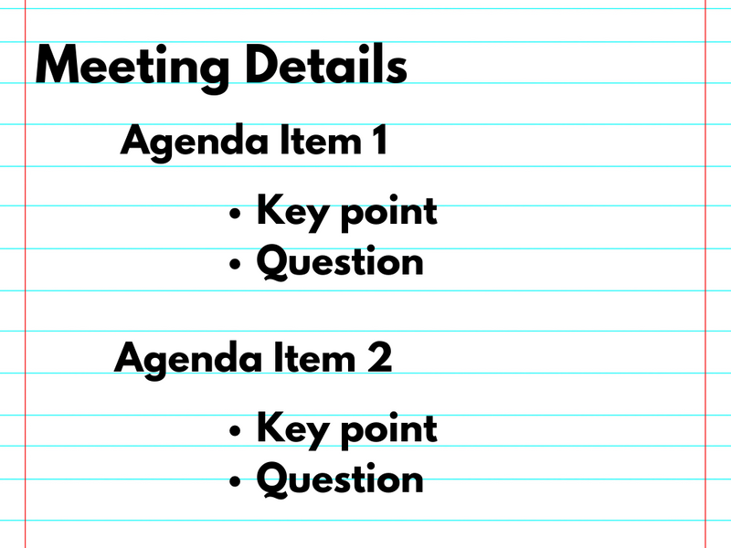 Meeting Details, Agenda Item 1. Below is bullets listing key point, question. Agenda item 2 lists the same bullets
