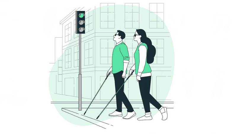 Two vision-impaired presenting people with walking sticks and sunglasses are at a city crosswalk about to cross the street.