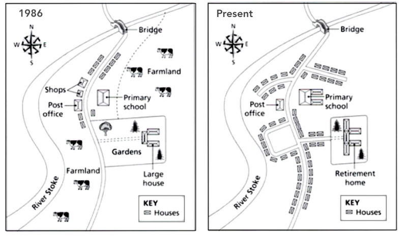 Two maps of a town that has changed over time, between 1986 and now.