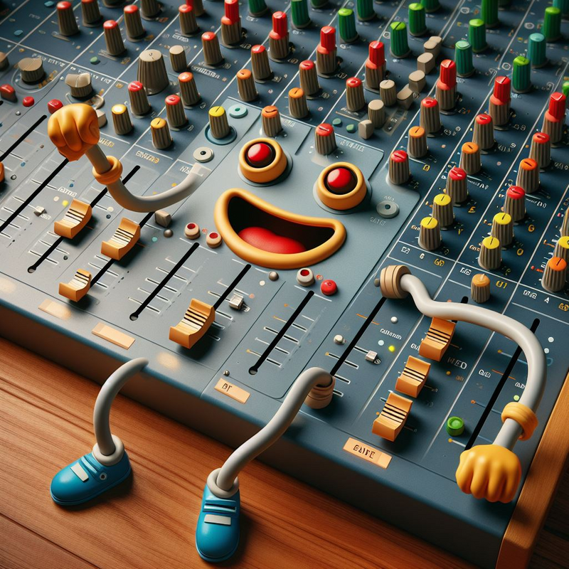 A cartoon audio engineer's body embedded in a mixing board.