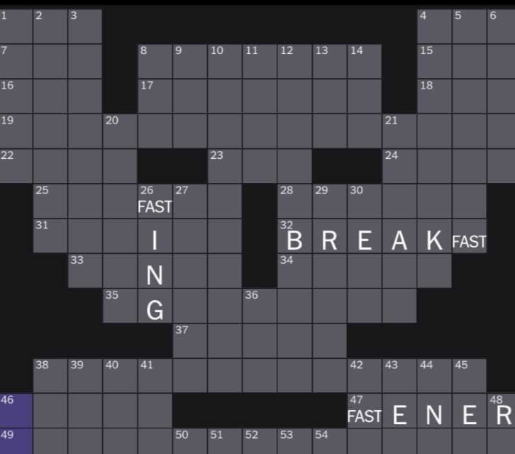 An example of a rebus puzzle, with the letters F A S T entered in 1 square to make the words Fasting, Breakfast and Fastener