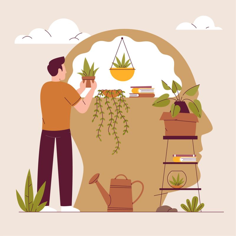 A graphic depicting a person tending to plants in a human brain.