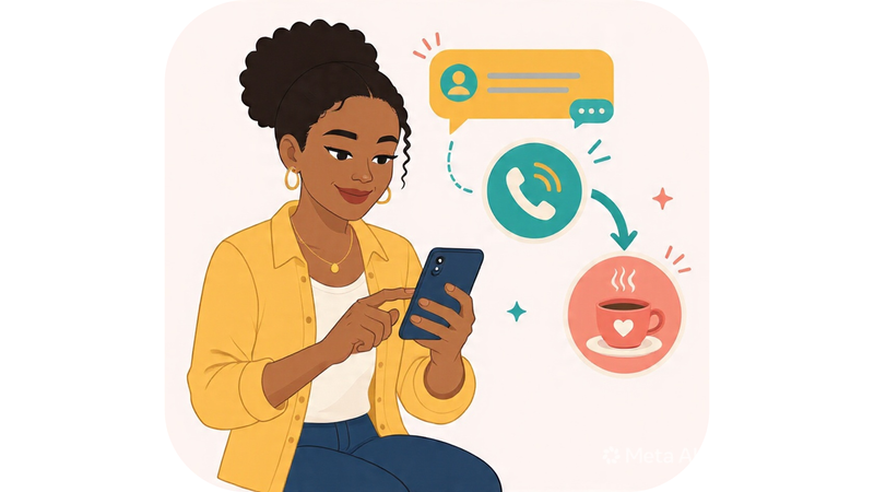 A woman responding to a dry text, suggesting a phone call or meeting in person for coffee.