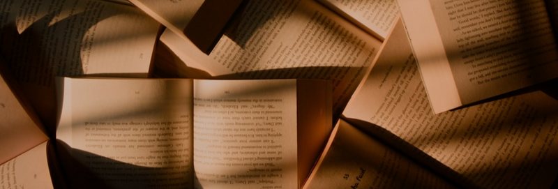 Multiple books scattered across a table with their pages open.