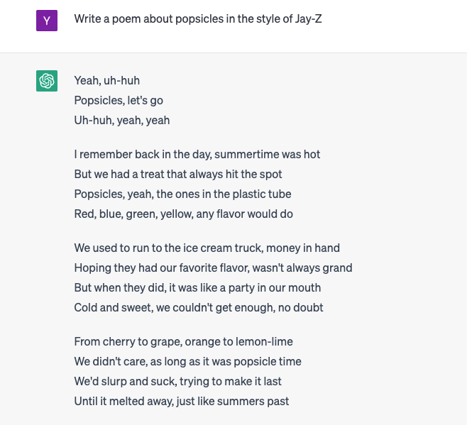 Screenshot of poem about popsicles in the style of Jay-Z created by ChatGPT