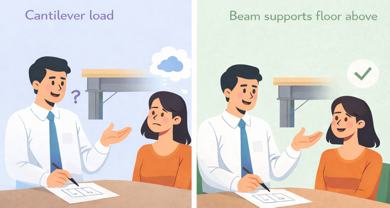 An architect confuses client with "cantilever load", then explains it better with "a beam that supports the floor above".