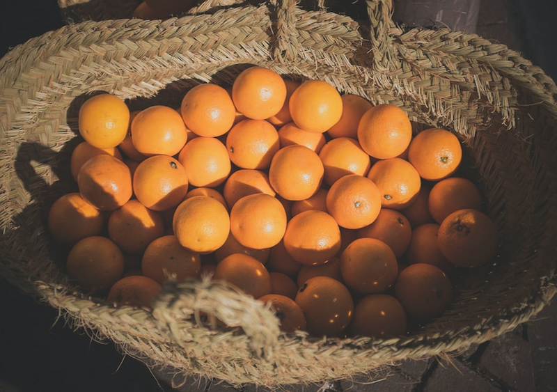 basket of oranges to represent shares of a stock