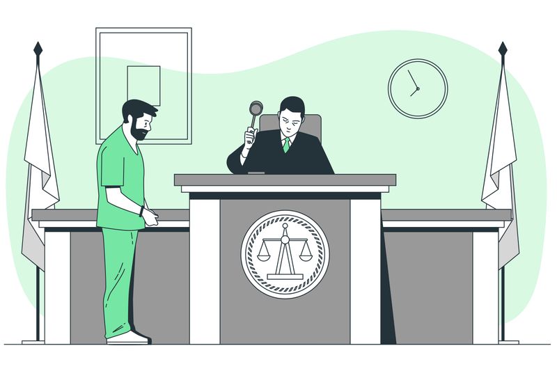 An illustration depicting a defendant appearing before a judge. The judge strikes his gavel.