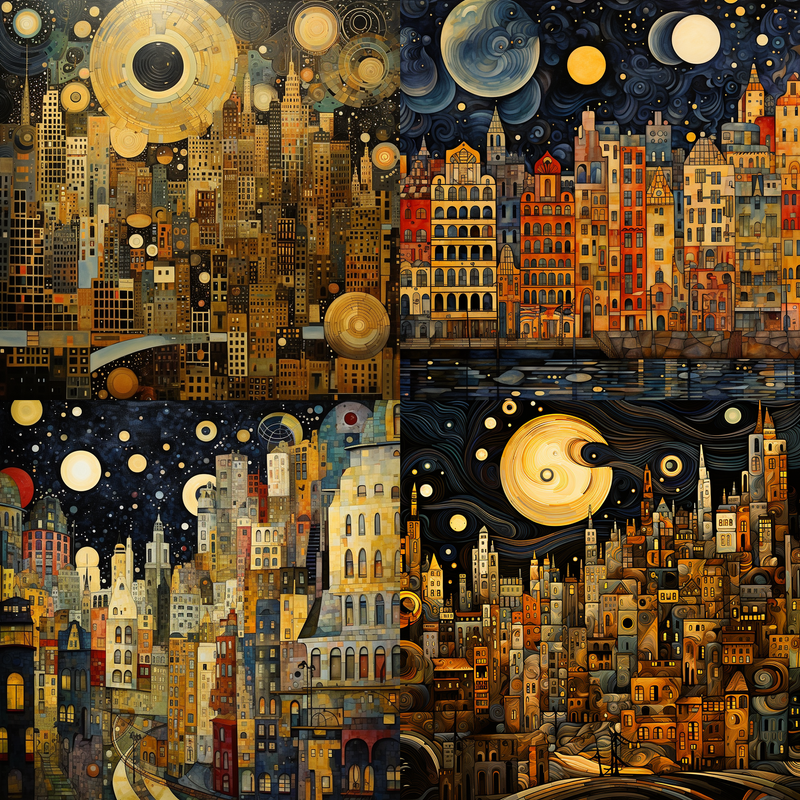 Results of cityscape in the style of Gustav Klimt by Midjourney