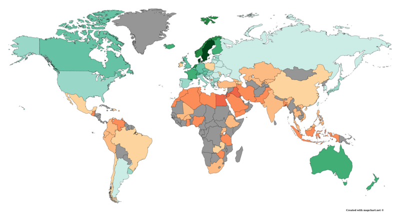 A world map with the individualistic and collectivist countries highlighted in green and red. 