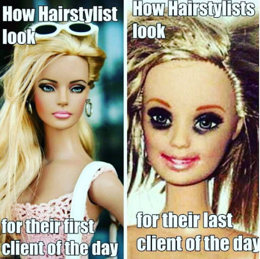 Two photos of hairstylists at the beginning of the day and at the end of the day.
