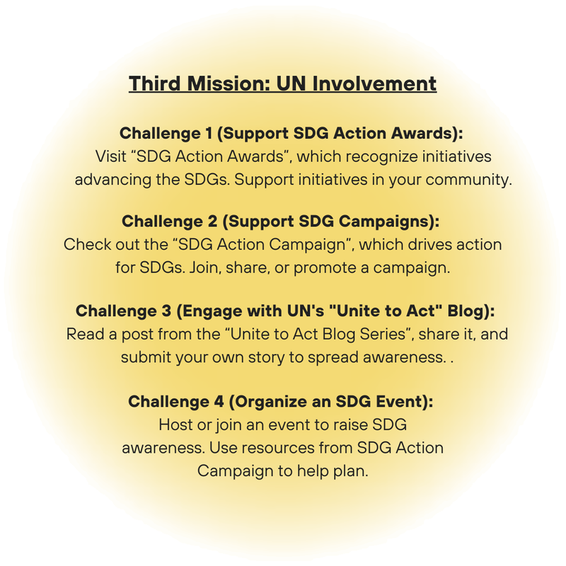 Third Mission: UN Involvement, with 4 related challenges (audio description below).