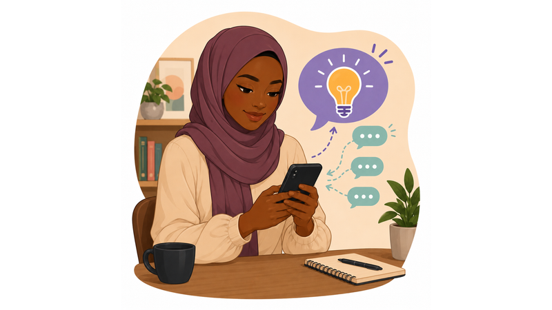  A woman typing on her phone, with a light bulb and chat replies indicating better questions for dry texts.