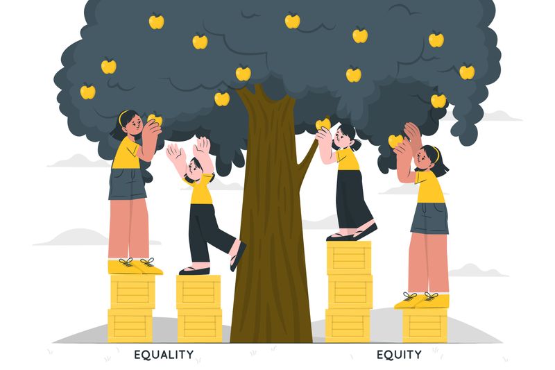 Four feminine-presenting kids are picking apples from tree. Two are showing equality and two are showing equity..